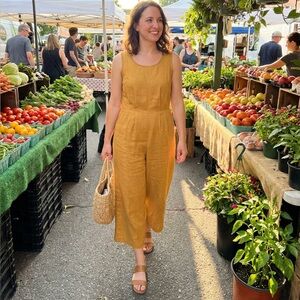 Linen Sleeveless Wide-Leg Jumpsuit — Mustard